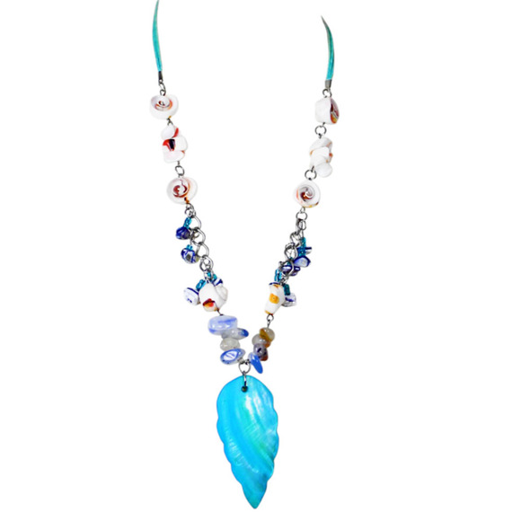 Vintage 90s Turquoise Beach Seashells Necklace Beach Coastal Jew Beaded - Picture 1 of 7